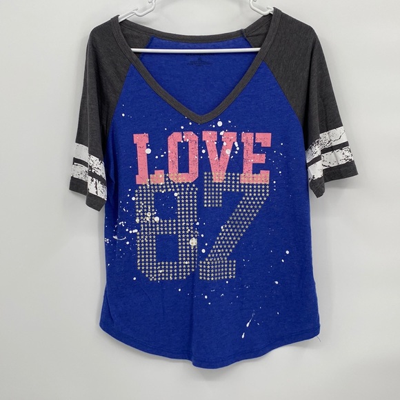 Stranded Tops - Stranded Womens Colorblock V-Neck Raglan Sleeve Love 87 T-Shirt Top Blue XL